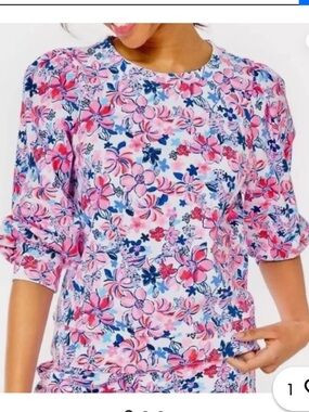 Lilly Pulitzer Pink & Blue Floral Puff-Sleeve Top Size M
